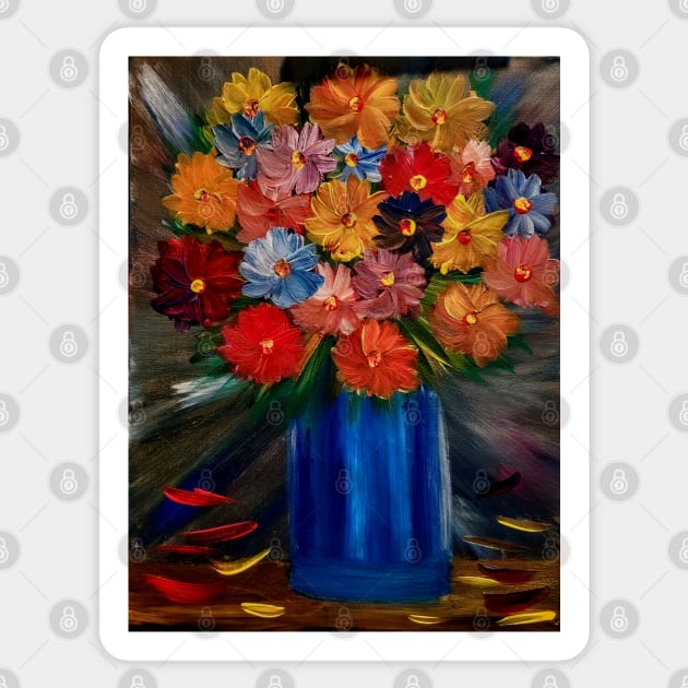 Some a lovely simple bouquet of flowers in blue vase Painted on a metallic gold and multiple colors blend. Sticker by kkartwork